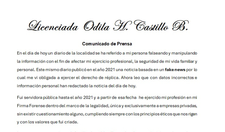  Licenciada Odila Castillo - Comunicado de prensa 