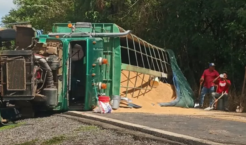 Camión cargado de arroz se vuelca en la carretera hacia Mariato y provoca cierre parcial del tránsito 