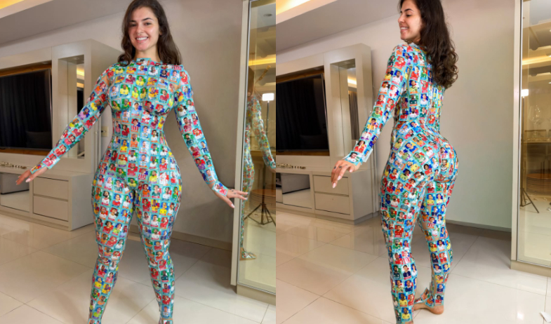 ¡¡¡Mani, son ideas!!! Brasileña se cubre el cuerpo con más de 1,000 figuritas del álbum del Mundial 
