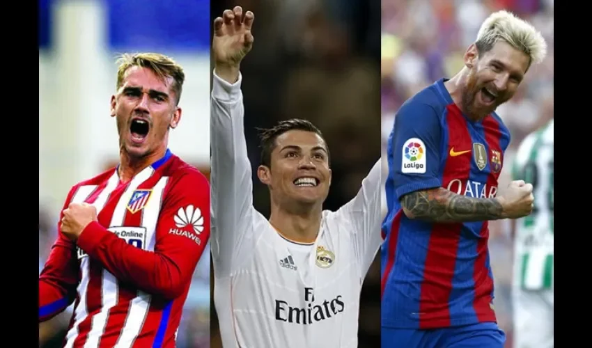 Cristiano Ronaldo, Leo Messi y  Antoine Griezmann