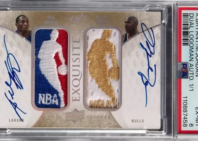  Fotografía cedida sin fecha que muestra una tarjeta firmada por Kobe Bryant y Michael Jordan avaluada por más de 12,9 millones de dólares. EFE/Casa de Subastas Heritage Auction 